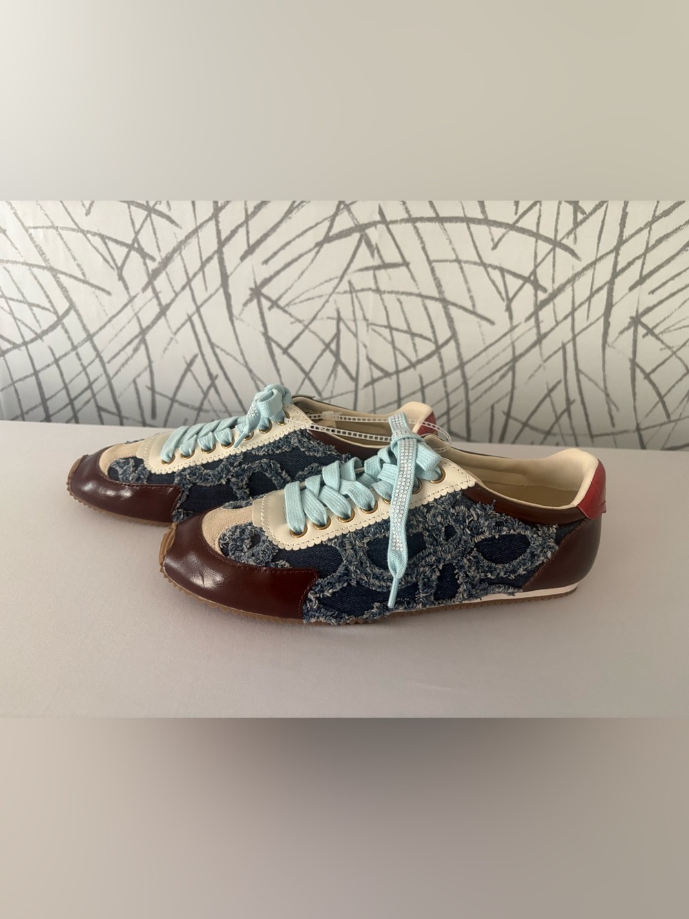 Kurt Geiger London Islington Frayed Denim Sneaker with Leather Accents . - Picture 5 of 13